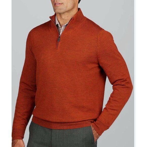 Jos A Bank Mens Merino Wool Tailored Fit 1/4 Zip Sweater Burnt Orange Size L NEW - Picture 2 of 12
